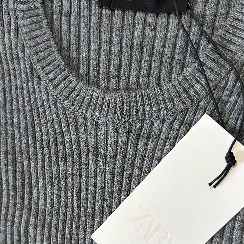 Zara Gray Ribbed Sweater with Sleeve Bows